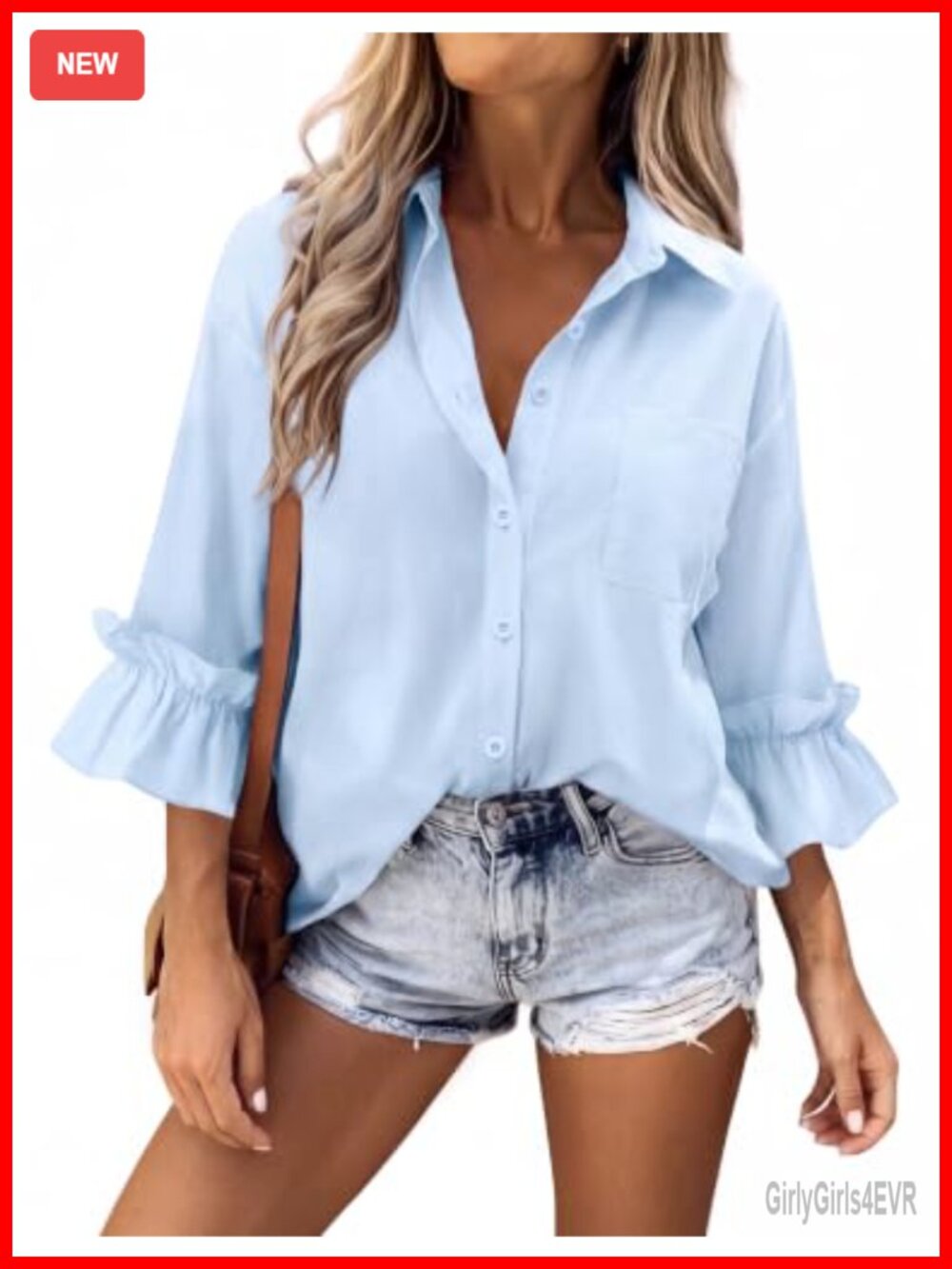 Womens Button Down Shirt 100% Cotton 3/4 Sleeve Ruffle Bell Sleeve Blouse